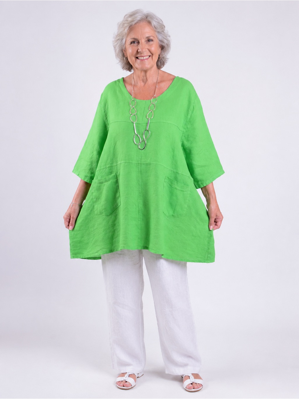 Made In Italy 100% Linen Lime Green Tunic Dress Os Plus Size